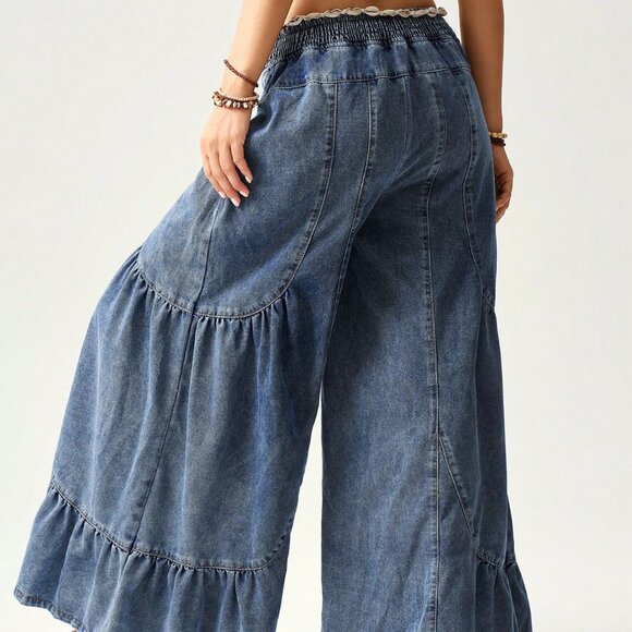 blue Casual Women's Patchwork Loose Wide Leg Jeans - Picture 2 of 8